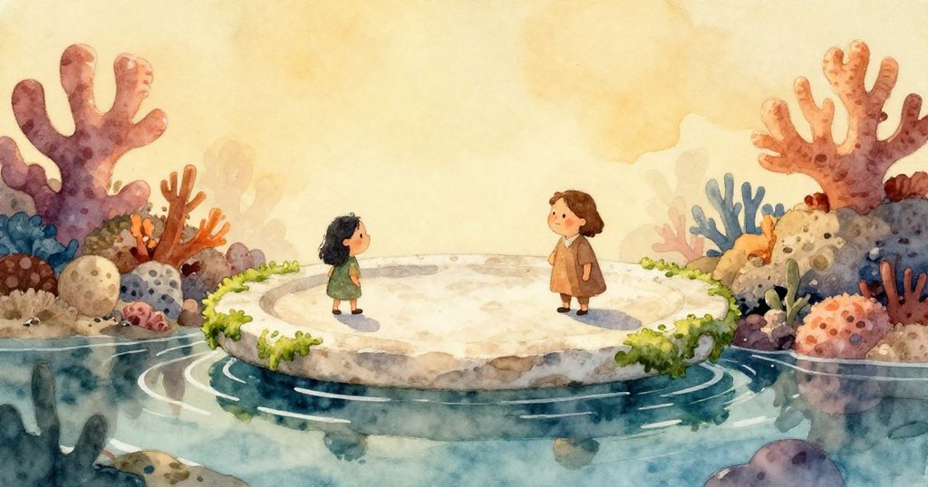 肯特專注地用手指拂去石上的藻苔,眼神中流露出驚奇與好奇,背景自然光映襯出柔美細節。