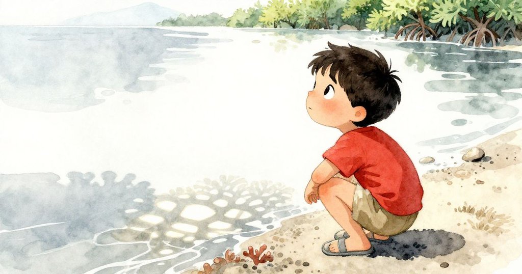 肯特蹲下透過水面如窗觀察,陽光灑落在珊瑚陰影間,背景Mangrove映出秘密美景,神情中透露出探索渴望。