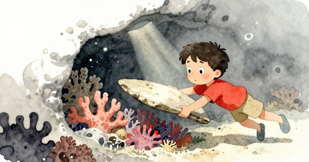 肯特輕輕掀起石塊,發現隱藏的珊瑚洞窟,水光透射下呈現神秘而生動的海底景象,眼中滿是驚奇。