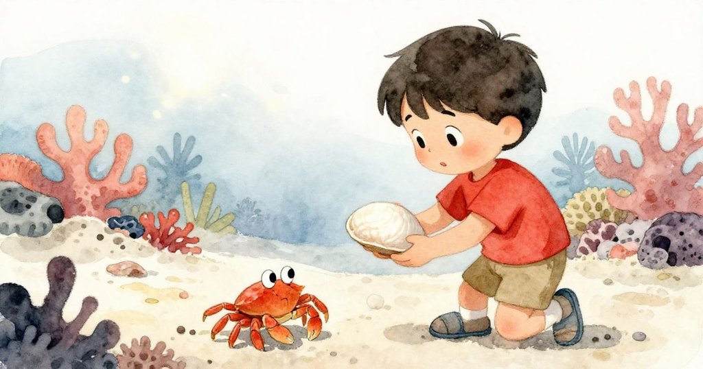 肯特與好奇的小螃蟹親密互動,他手中握著光滑貝殼,海底珊瑚與散落貝殼營造出溫馨的自然情景。