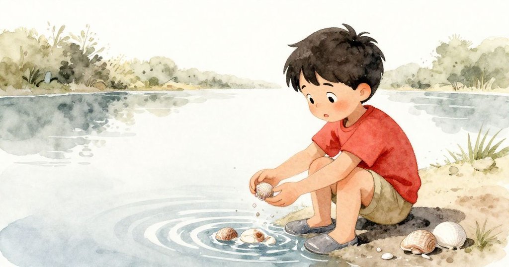 肯特坐在寧靜潟湖邊,靜靜放開手中貝殼,由柔和光線映照出探險後平和與內心的寧靜。