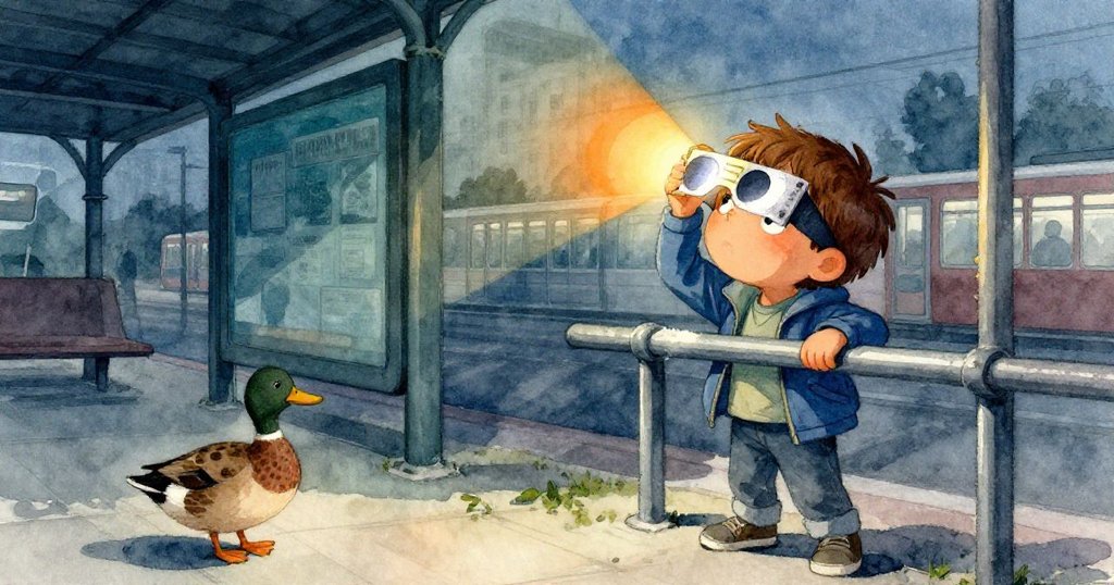瑞德在巴士月台抓住金屬欄杆，眼神好奇，夕陽斜照下與鴨子互動，呈現出張力與期待。