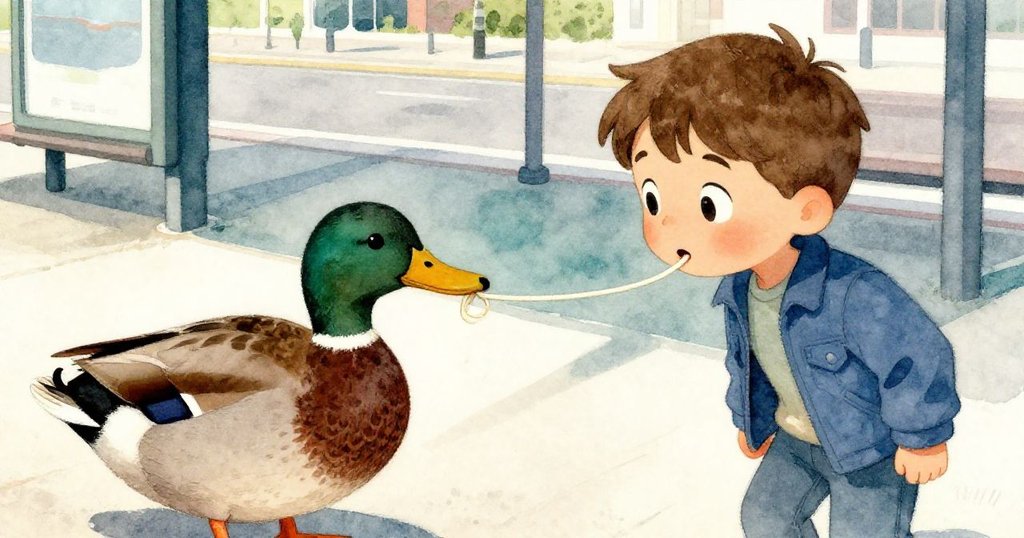 鴨子視角下，鴨子輕咬瑞德鞋帶，背景模糊展現月台與巴士聲，充滿好奇與俏皮氣息。