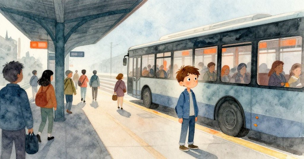 瑞德在月台上注視著離站巴士，旅客匆匆走過，夕光中展現出等待與轉變的靜謐氣氛。