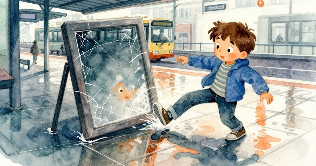 瑞德的運動鞋精準止住滑行的相框，濕潤地面呈現動態軌跡，展現出偶然與關愛的瞬間。