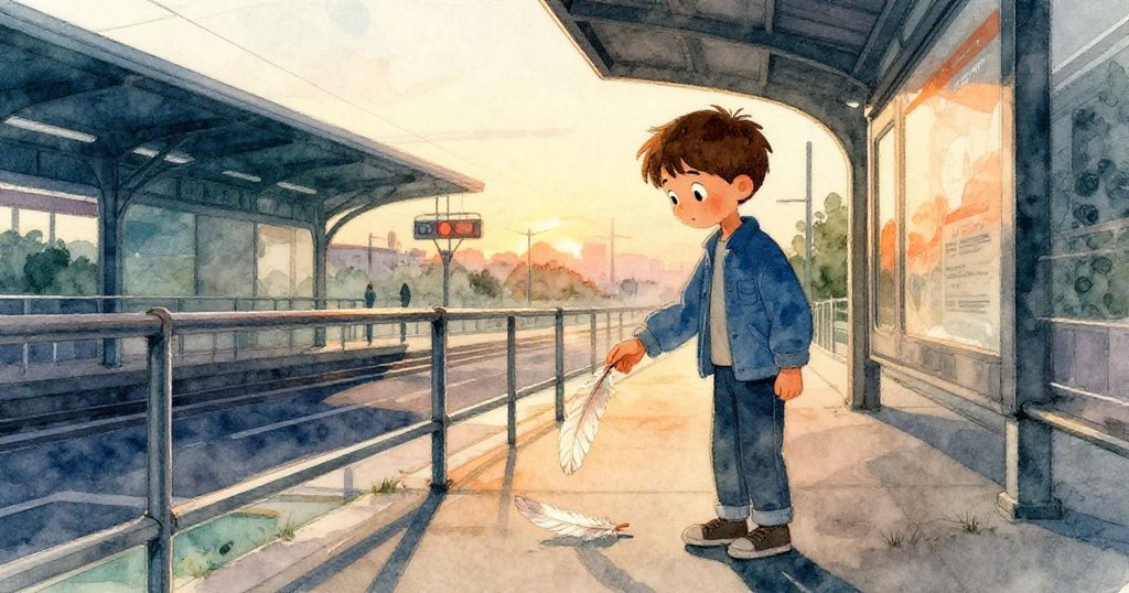 瑞德在夕陽餘暉中輕拾金屬欄杆上的淡色羽毛，背景展現巴士站與河岸遠景，流露靜謐與回憶。