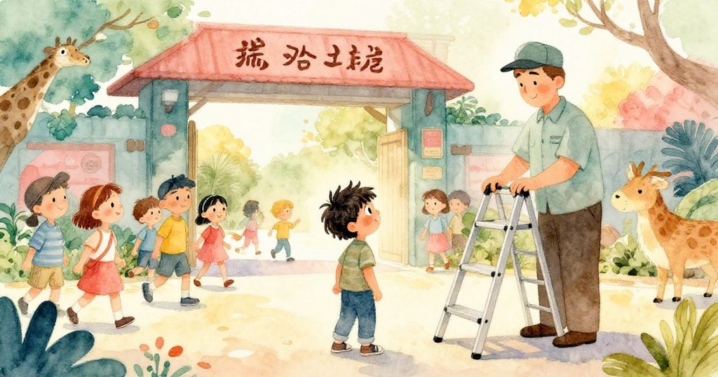 在熱鬧動物園入口，Theo滿懷期待觀看工作人員整理梯子，鷗鳥盤旋，人群熱鬧氛圍洋溢。