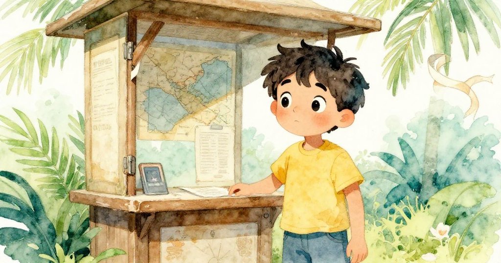 Theo專注地檢查搖曳的地圖亭與飄動絲帶，輕觸老舊機制，展現出探索心情與細膩觀察。