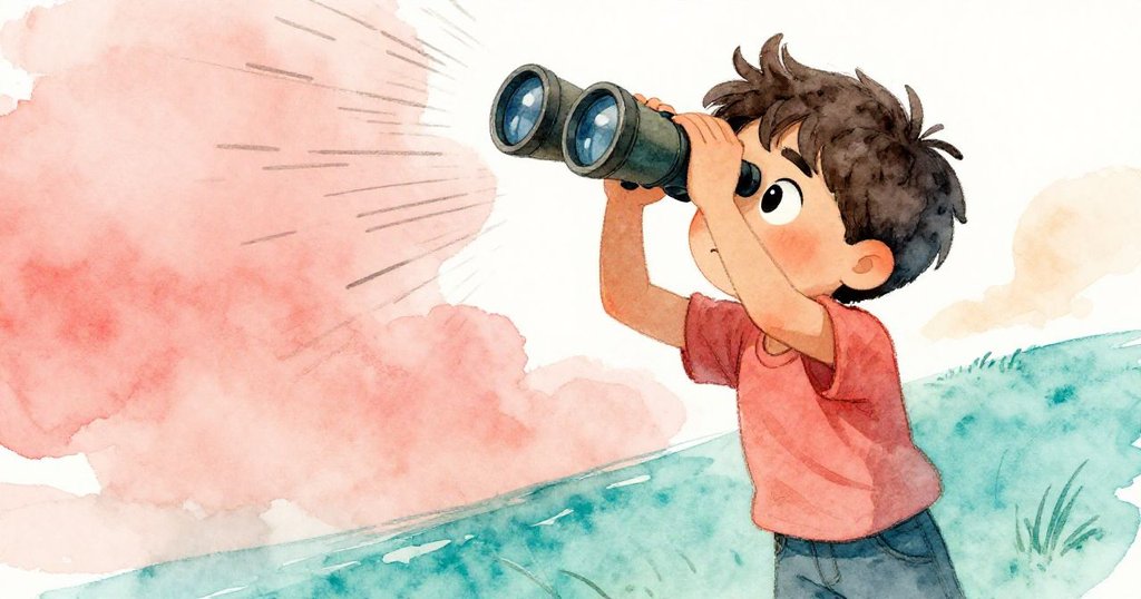 Theo以傾斜視角調整望遠鏡，金屬杠杆發出吱喳聲，稻草與影子交錯呈現神秘動態。