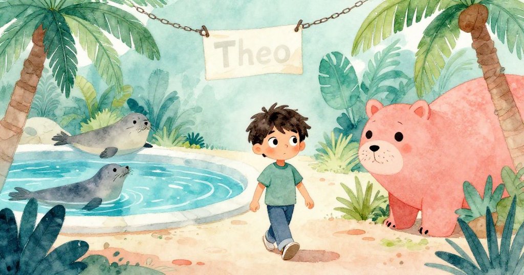 Theo步入動物園過渡區，沿著輕輕晃動的鏈條路徑前行，環境中傳遞著探索與柔和寧靜的氣息。