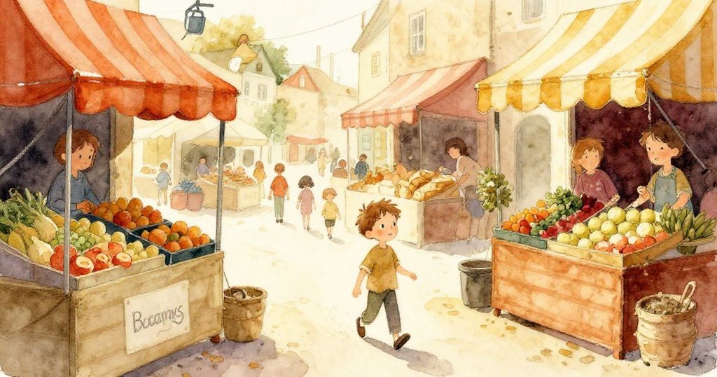 布雷克踏入條紋遮篷下的市場巷弄，傍晚陽光灑落，他滿懷期待地走向擺滿農產品的攤位，氣氛忙碌而溫暖。