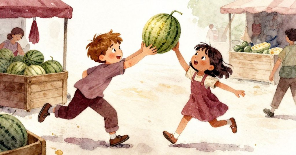 布雷克與科拉同時伸手抓住西瓜，市場中明暗交錯下他們默契地調整手勢，展現出無聲的合作與堅定。