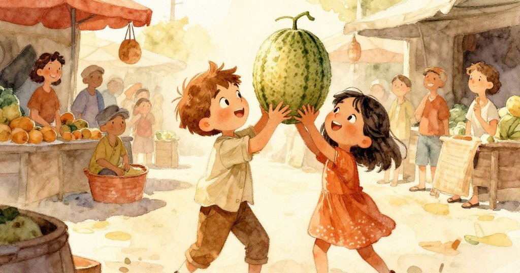 布雷克與科拉齊心協力抬起輕巧的西瓜，市場中的人群帶著微笑，洋溢著合作成功後的喜悅與溫暖氛圍。