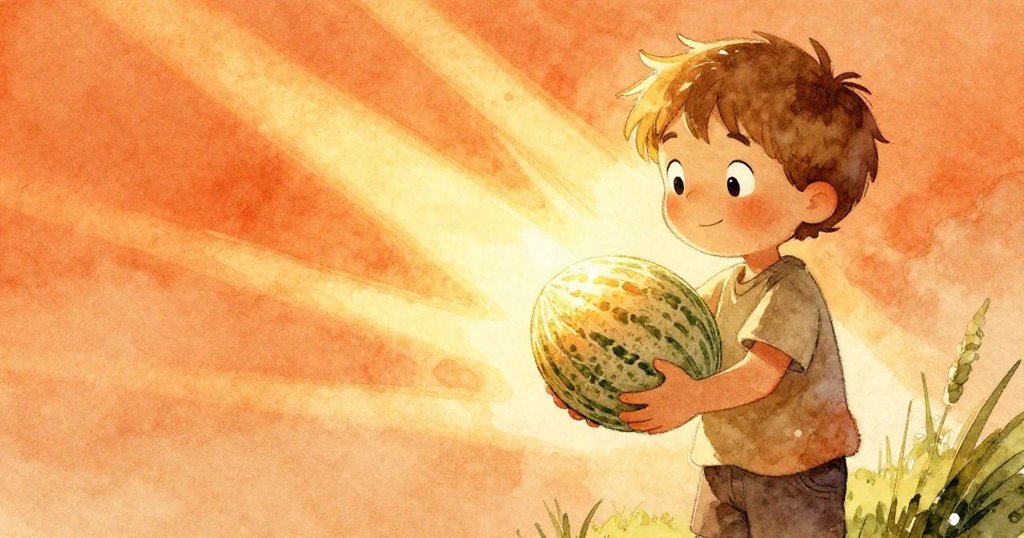 布雷克安靜地轉動著手中穩固的西瓜，陽光灑下條紋光影，映照出從忙碌到平靜的充實旅程與心靈共鳴。