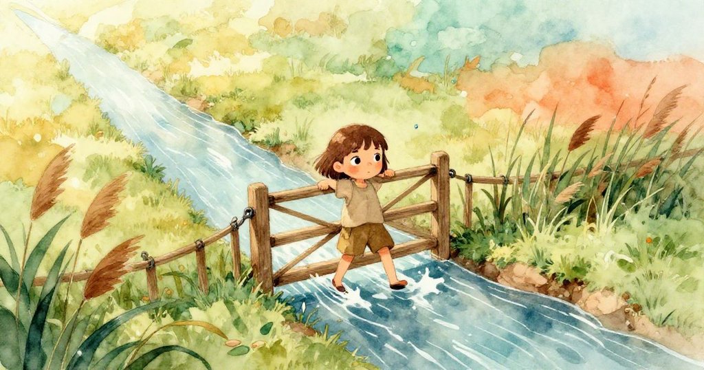 格蕾塔在清晨陽光下從鳥瞰視角拉起濕潤的木門,水花四濺,蘆葦搖曳,臉上流露堅定神情。