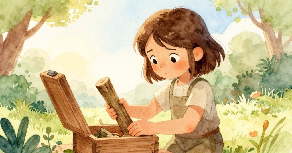 格蕾塔在戶外陽光下打開木盒,仔細檢查心愛的雪松杆,準備好執行工作,神情專注溫暖。