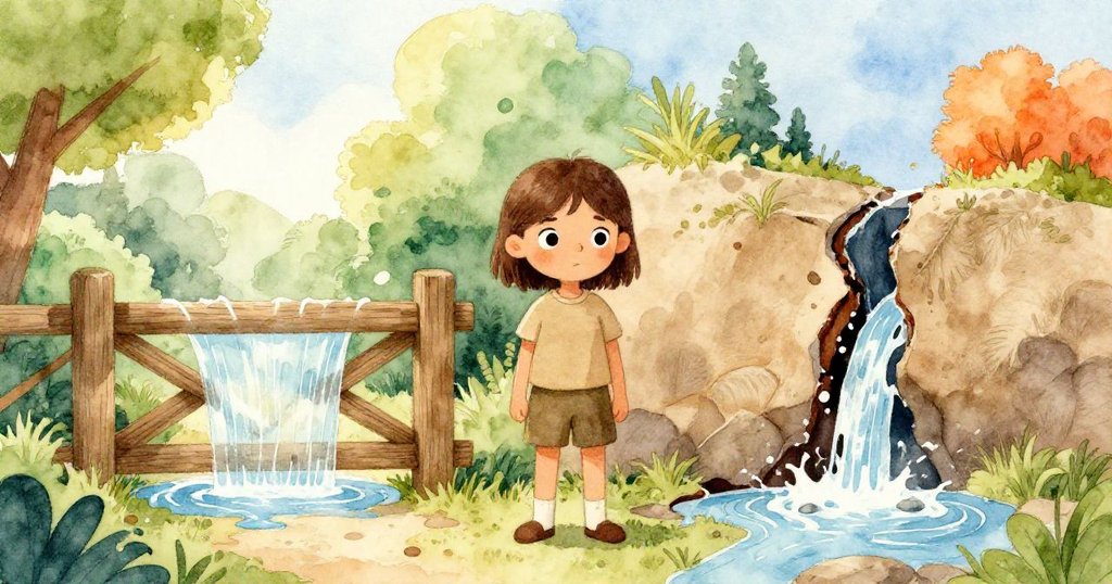 格蕾塔站在兩種現實之間,一邊是理想的流水,一邊是裂縫滲水,兩種場景交錯,她神情沉思矛盾。