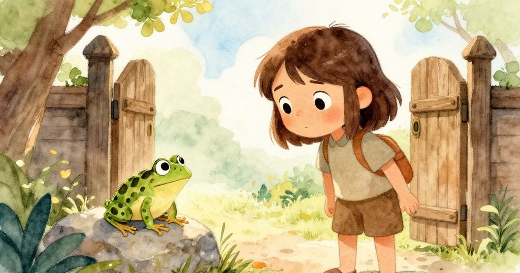 格蕾塔在處理木門調整時,驚訝地發現一隻青蛙停在暴露的石頭上,神情既驚奇又好奇。