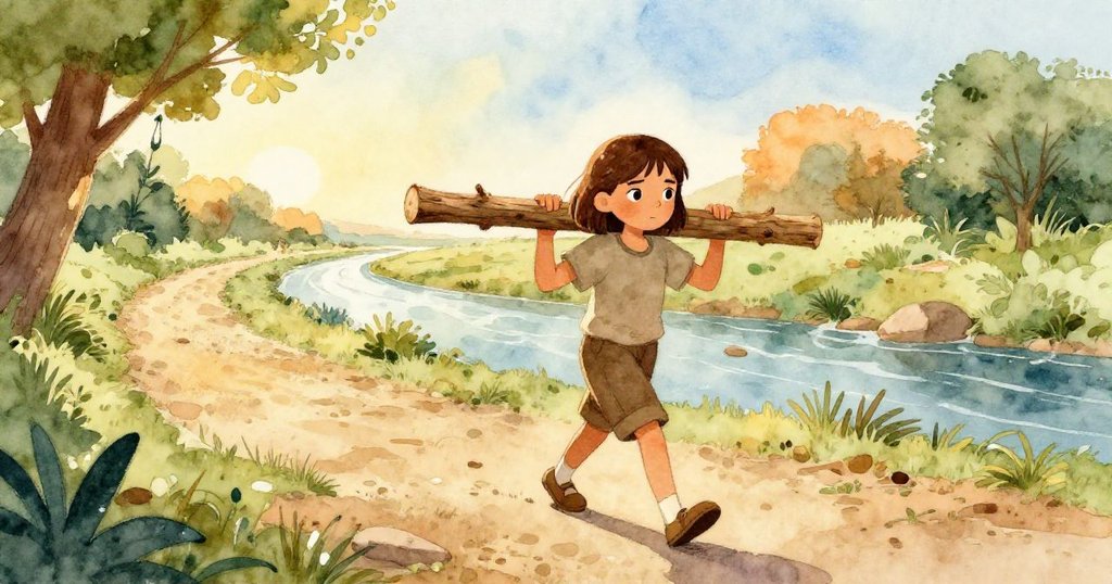 格蕾塔拿著雪松杆自信地走在乾淨小徑上,背景是平靜流水與大自然,陽光暖和,結束了充滿挑戰的一天。