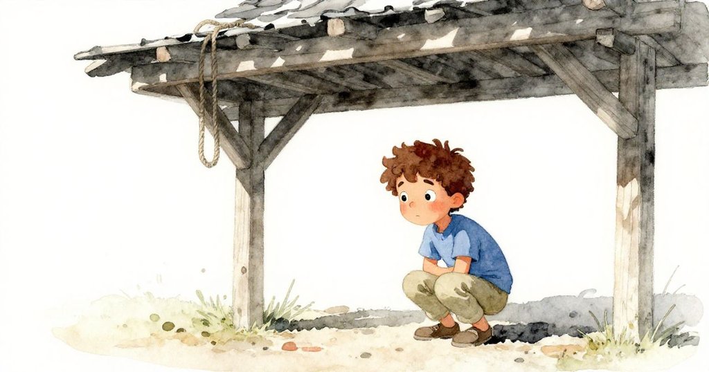 Ned在明亮背景下蹲在滑道下，與木板和繩子互動，臉上帶著好奇與堅定神情，開始尋找神秘濕痕。