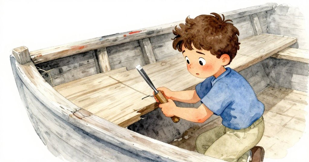 Ned從肩後觀察，手持小鑿仔細檢視木板中隱藏的細縫，神情謹慎又充滿好奇，展現出內心探索與細膩觸感。