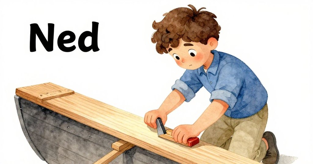 Ned專注地用楔子穩住軟化木板，眉頭緊蹙展露掙扎與決心，動作精細，環境中透出古舊艙板的歷史痕跡。
