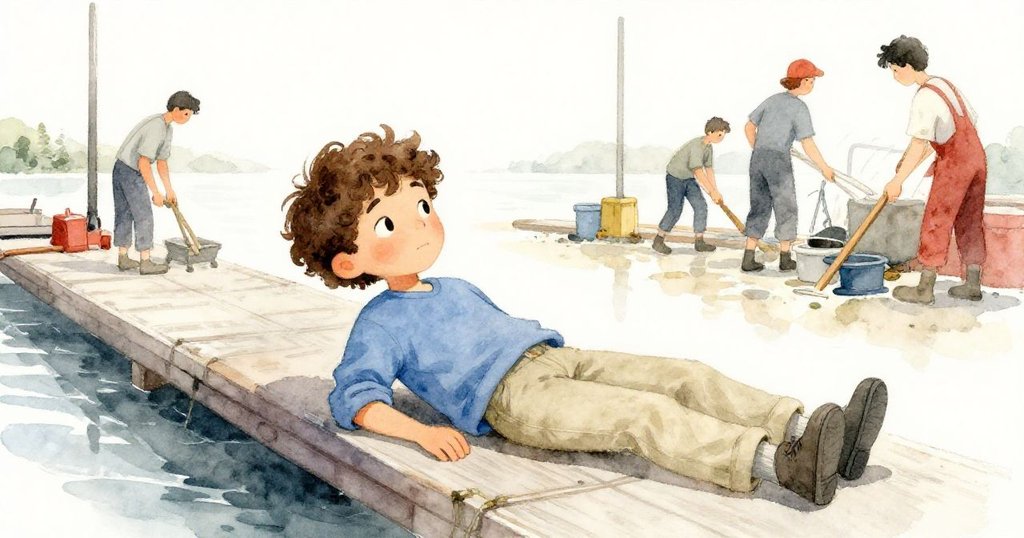 Ned在柔和夕陽下靠在修好的艙板旁微笑放鬆，背景中工人休憩，透露出修繕後的平靜與滿足情懷。