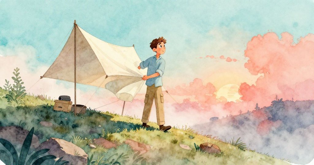 Kent動手展開帳篷，露出輕微傾斜的角落，山脊背景散發神秘感，表情專注好奇。