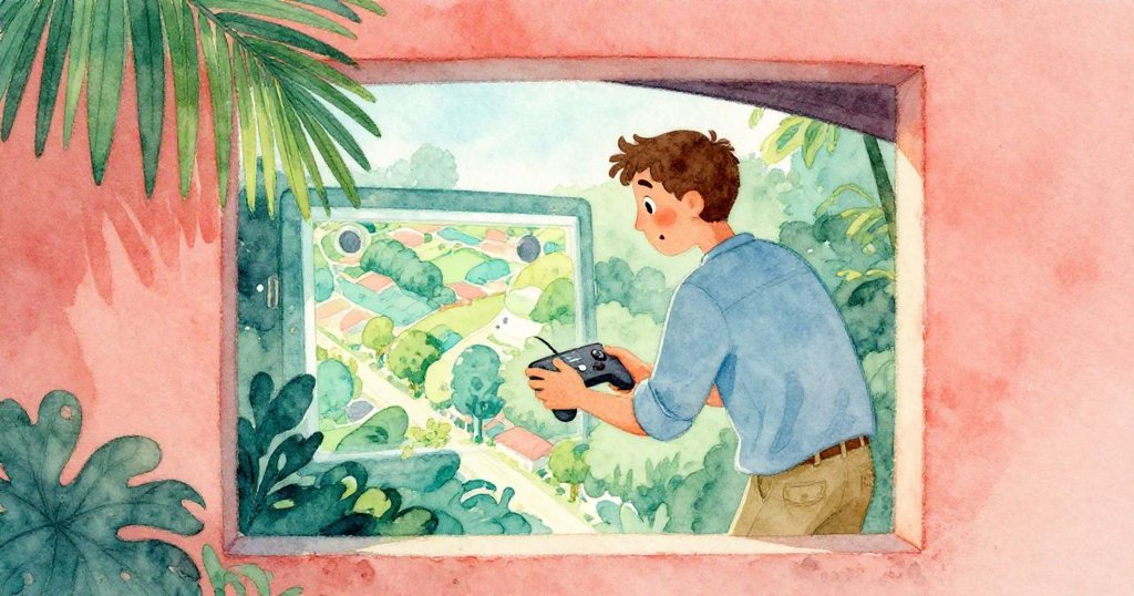 Kent透過帳篷窄縫操作遙控器，數位屏幕顯示茂密樹冠，神情專注且充滿好奇。