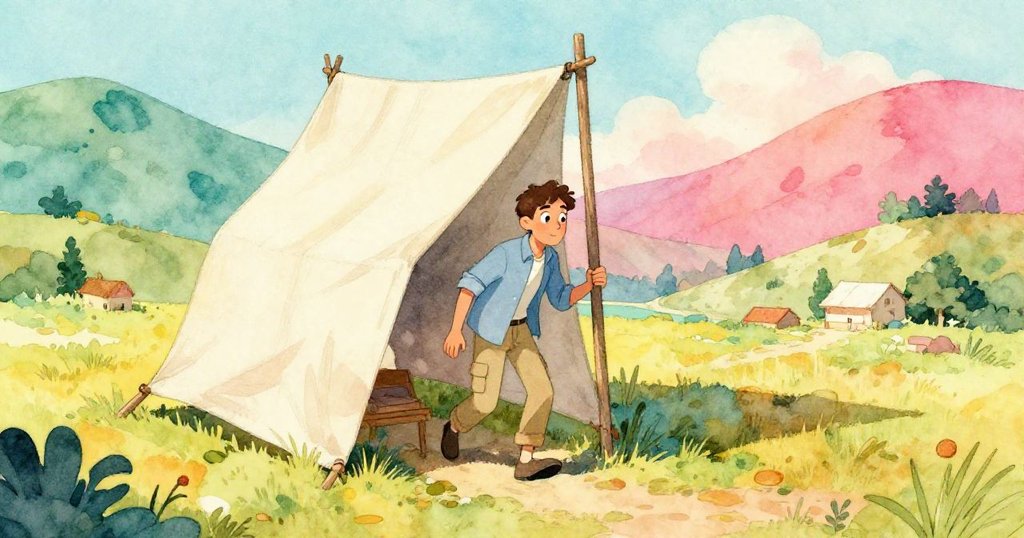 Kent走出帳篷，背景展現山谷與搖擺帳布，動作果斷且帶著疑慮，光影豐富。