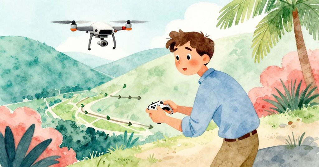 Kent專注操作遙控器，空中無人機顯示山谷中樹枝排列成箭形，場景緊湊且充滿懸念。