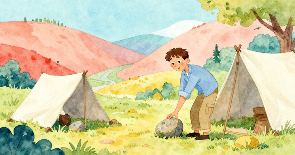 Kent安靜放下石塊替代缺失砝碼，凝望遠方箭形山坡，臉上流露出期盼與平靜，開啟新旅程。