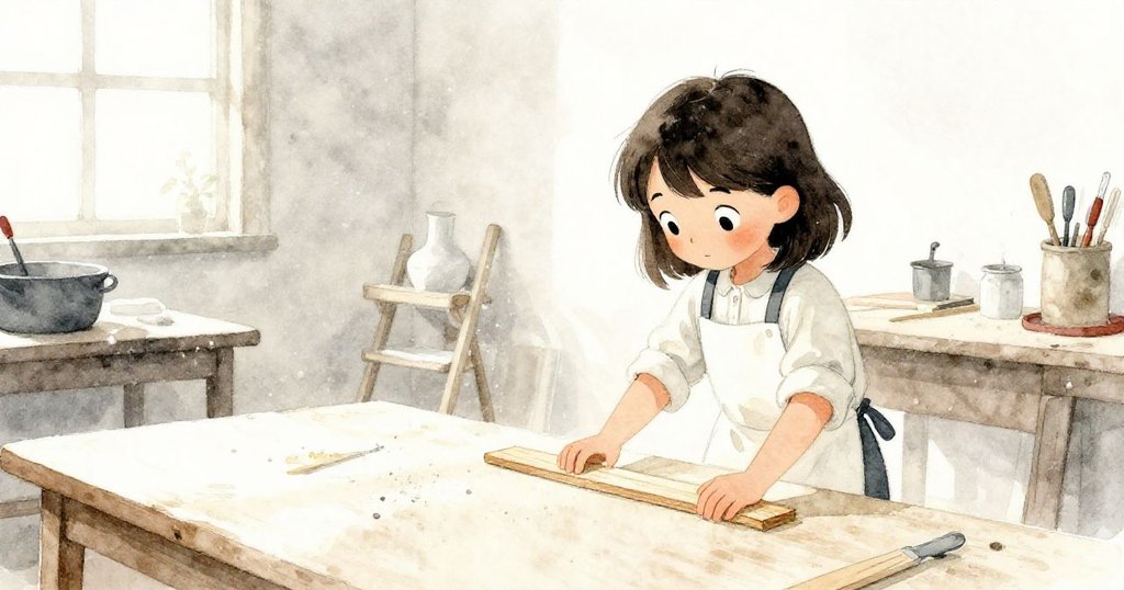 花娜在工作台旁輕柔觸碰雪松條，搖曳的木粒在溫暖光線中閃爍，臉上平靜期盼，展現工坊開始創作。