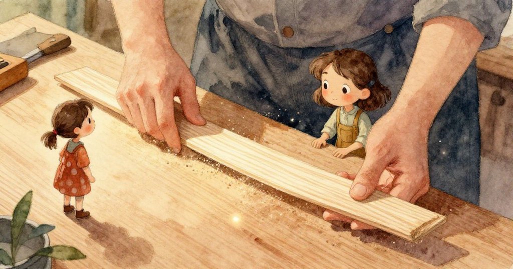 花娜專注地看著彎曲雪松條，精細木粉點綴其指尖，臉上呈現堅定又充滿驚喜的神情。