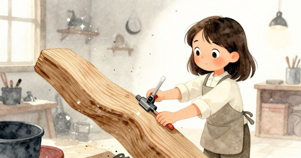 花娜在夾具間巧妙調整扭曲的木板，細小的木粉在燈光中宛如微光飛舞，呈現出夢幻神秘的工作空間。