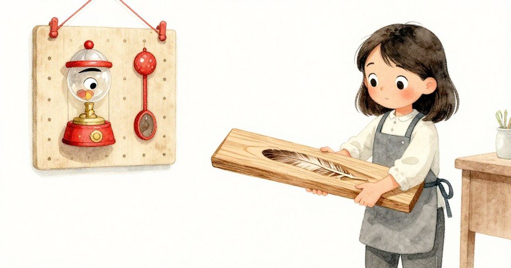 花娜輕巧提起木板，展現隱藏於雪松條的羽毛紋理，旁邊的小玩偶奇趣凝視，工作間充滿溫馨活力。