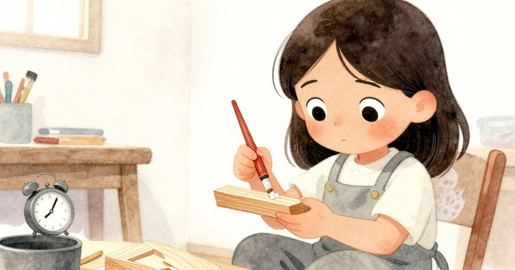 花娜懷抱對齊的木片，準備拿起窄刷塗上膠水，旁邊秒錶滴答作響，象徵創作接近尾聲。