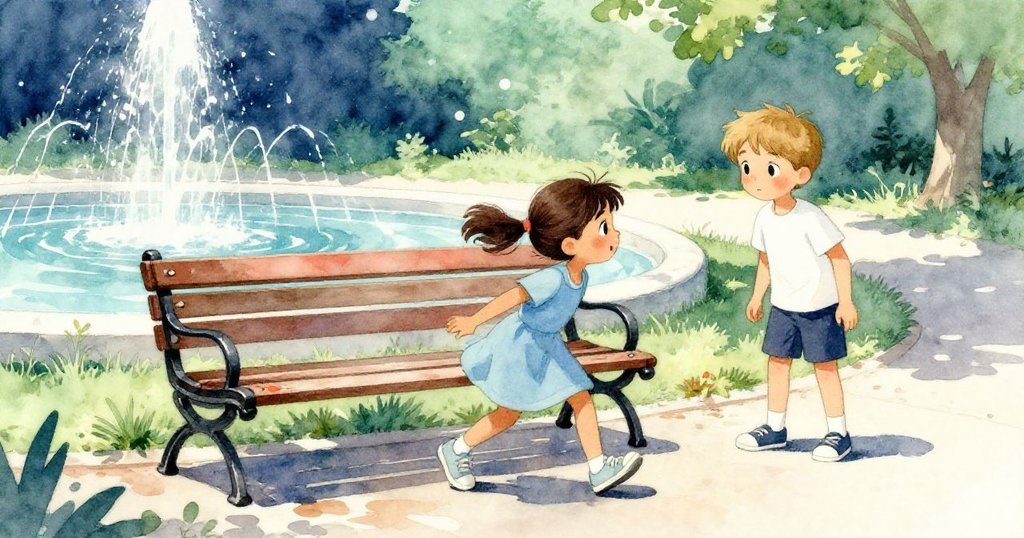 在公園中，Joy指導移動剛粉刷的長椅，Eli專注觀看，背景噴泉與濕潤鋪面呈現動態與期待情緒。