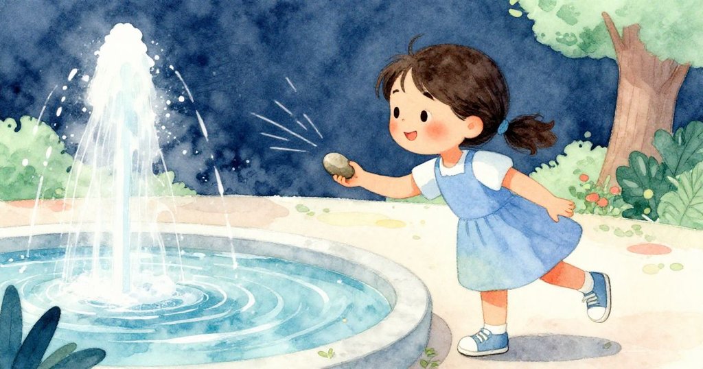 Joy用輕巧手腕揮動，小石向噴泉移動，細節展現她專注且自信的動作，場景充滿動感。