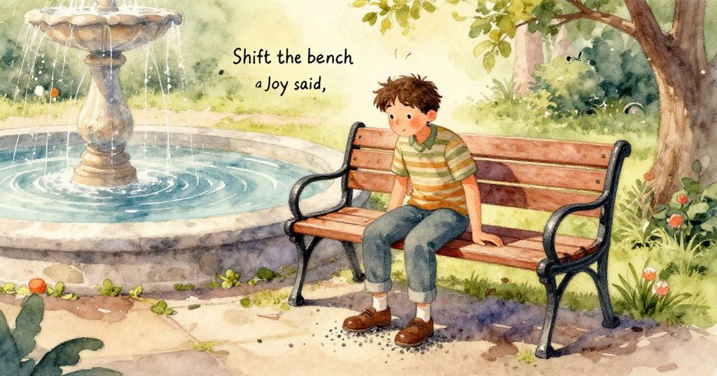 噴泉中，石頭卡在狹窄格柵中，水花飄灑映出倒影，兩隻鴿子在旁觀察，場面神秘而生動。