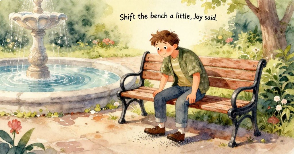 在平和的傍晚，長椅靠近池塘，細水緩流，背景留下野餐彩旗，公園充滿寧靜與溫暖的氛圍。