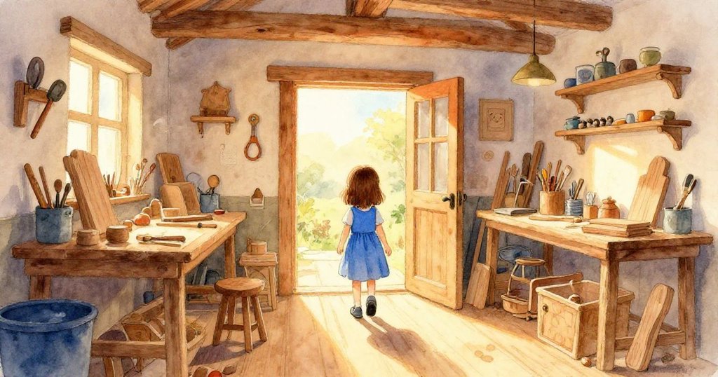 黎明時分，Vera走入散發金光的小木工間，仔細觀察桌上工具，神情充滿好奇與期待。