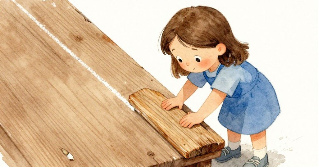 Vera用拇指輕壓破舊木板，指引向粉筆標記，畫面留白凸顯細膩動作與工作室質感。