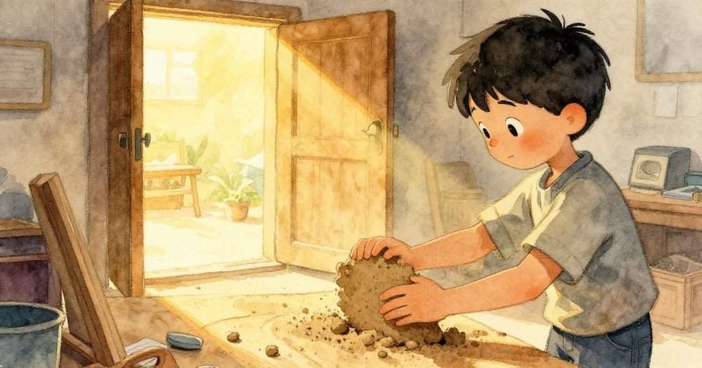 Felix在木工作室內專注取用砂紙，背景透過高大門窗灑下柔和金光，神情堅定細膩。