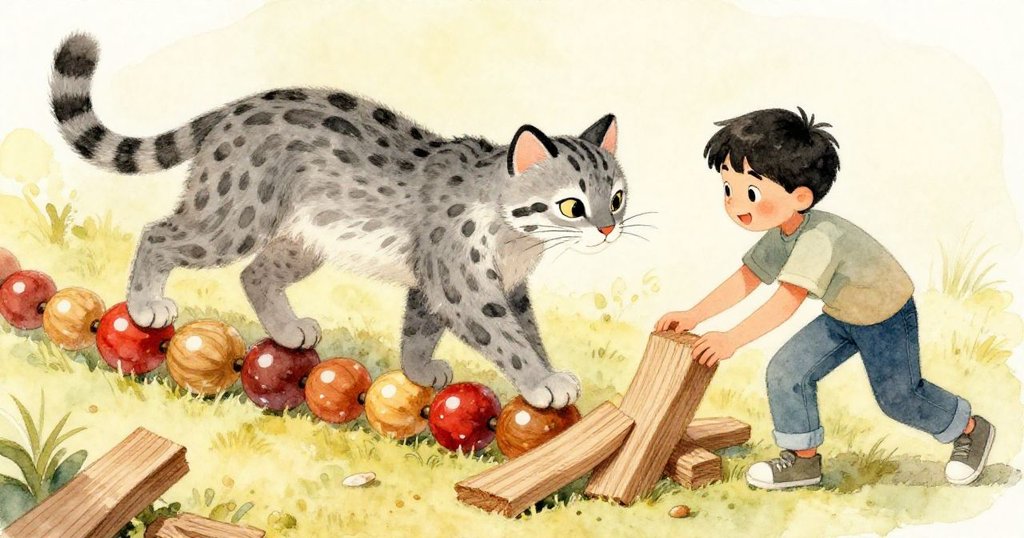 Felix急忙利用木料搭牆擋住滾動木珠，豹紋小貓好奇輕步登場，木珠閃耀四散充滿緊張氣氛。