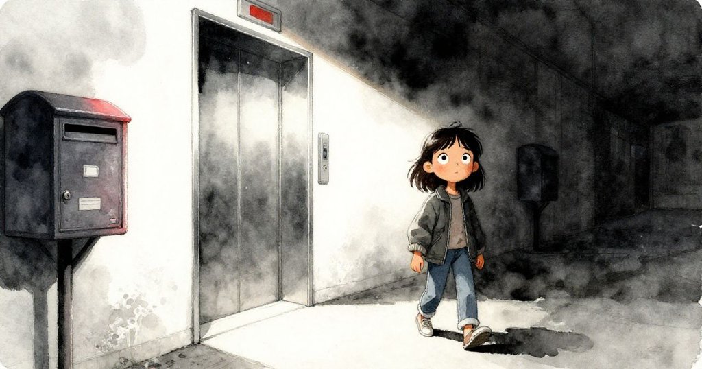 Hana正走入老舊走廊,仔細檢查郵箱掛鉤,背景中有關閉的電梯,表情堅定而好奇,故事剛開始展開