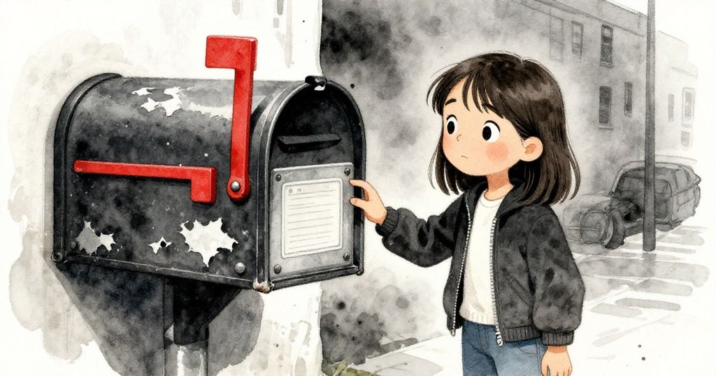 Hana停下腳步檢視郵箱面板,手指輕觸鬆垮的金屬帶與斑駁剝落的油漆,細節鮮明,充滿深思熟慮的神情