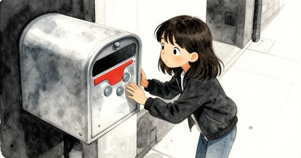 從高處俯視,Hana俯身仔細觀察郵箱面板,她的倒影映在光滑的金屬上,指尖閃爍淡藍光芒,透露深思與柔情