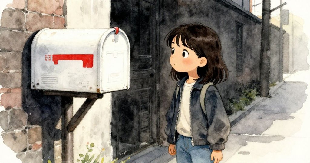 在柔和記憶色調中,Hana靜立於走廊,凝視斑駁郵箱面板,回憶起曾疑缺鑰匙的往事,過去與現實交織溫柔