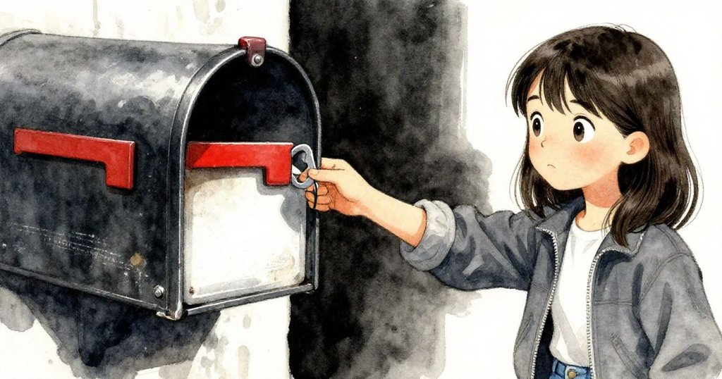 Hana專注地使用信紙刀撬起郵箱板,手指仔細操作金屬縫隙,細膩展現焦慮與堅定,緊張氣氛瀰漫走廊中